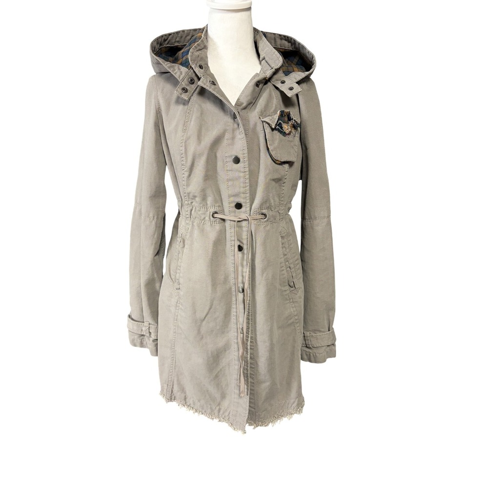 Free People Coat Womens 10 Beige Cotton Canvas Hooded Anorak Fringe Snap Front